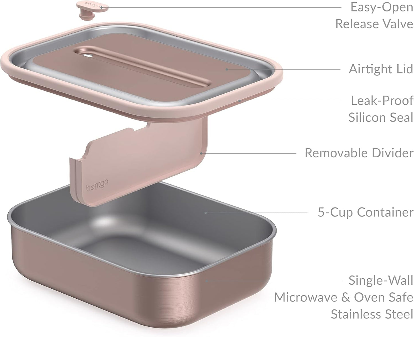 Bentgo MicroSteel Leak-Proof Lunch Box - Microwave-Safe, Oven-Safe, Bento-Style Container with Removable Divider, Airtight Lid, Sustainable Design, Odor & Stain Resistant (Rose Gold)