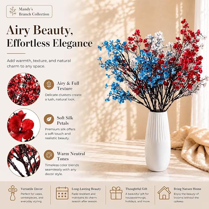 Mandy's 6 Bundles Artificial Red White Blue Baby’s Breath Flowers | 18.5 Inch - Image 2