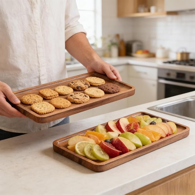 VERTORGAN 2 Pack Acacia Wood Serving Tray, 9.8x5.9 Inch Decorative Trays Platter - Image 7