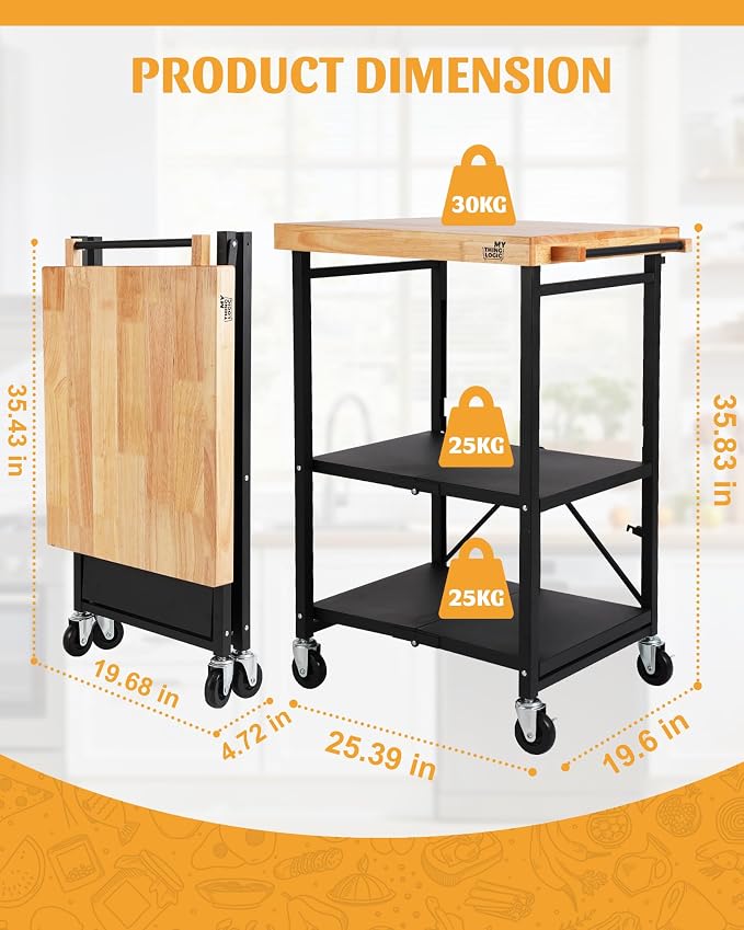 Mythinglogic Foldable Kitchen Storage Cart, 3-Tier Rolling Cart - Image 3