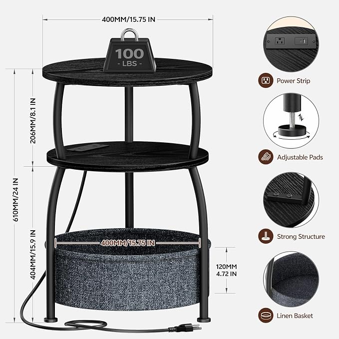 Round Side Table with Charging Station, USB Type C Port, Space Saving, Tall - Image 9