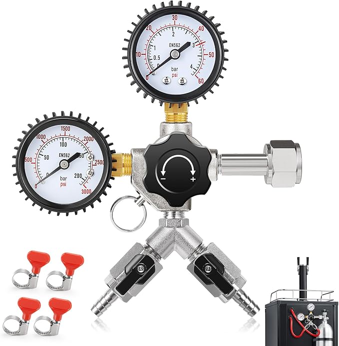 Dual Output CO2 Regulator for Kegerator 0-60psi Beer Keg Regulator 0-3000psi by WELLBOM
