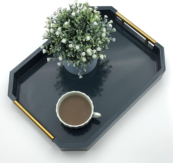 Serving Tray with Polished Metal Handles, Hexagon Coffee Table Tray, Modern by thewense