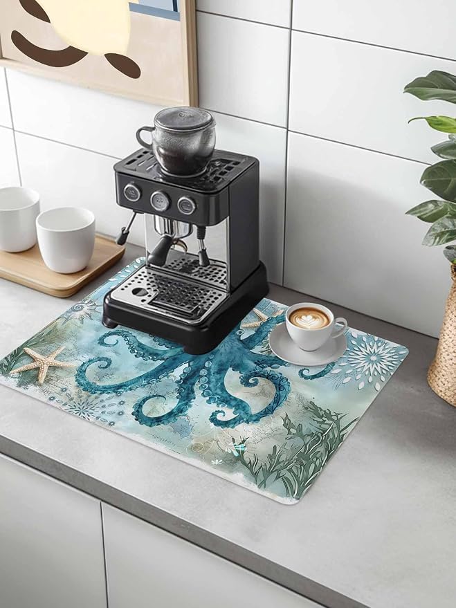 Turquoise Octopus Coffee Mat Ocean Marine Life Nautical Sea Theme Absorbent Bar - Image 2