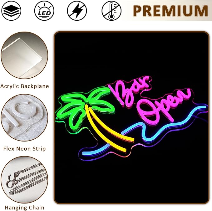 Bar Open Sign for Business, Neon Open Sign, USB Dimmable Palm Tree Neon Lights - Image 6