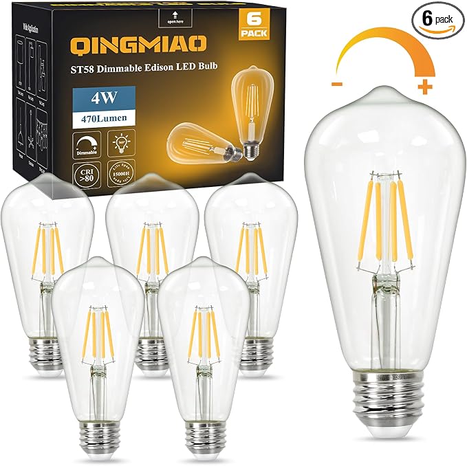 Qingmiao Vintage LED Edison Bulbs, ST58 Dimmable 4W E26 LED Bulb 40W Equivalent by Qingmiao