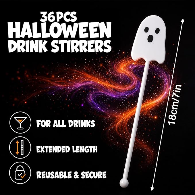 36 Pcs Halloween Drink Stirrers, Ghost Cocktail Sticks - Image 2
