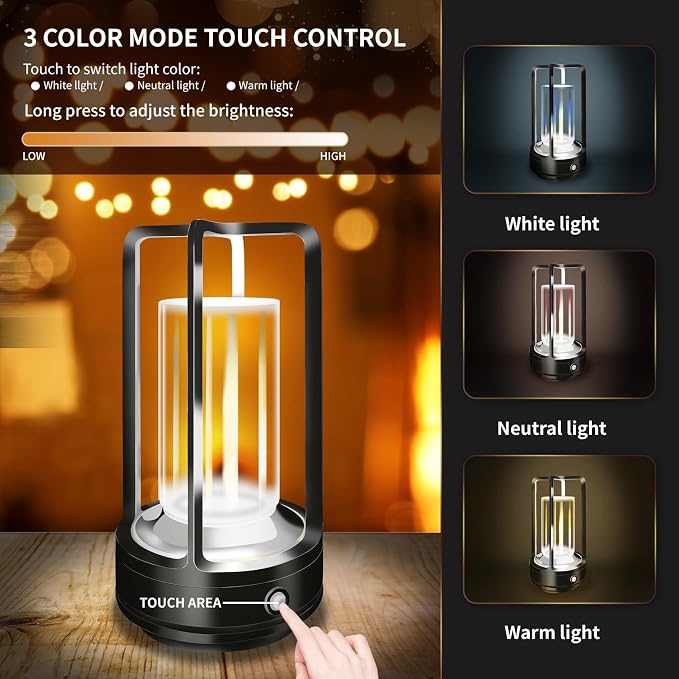 Portable Metal Table Lamp, 4000 mAh Outdoor Table Lights Rechargeable, 3 Color - Image 2