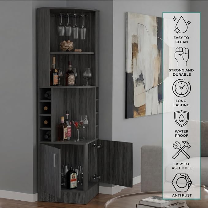 Tuhome Syrah Corner Bar Cabinet, Tall 71.1" Liquor Cabinet - Image 4