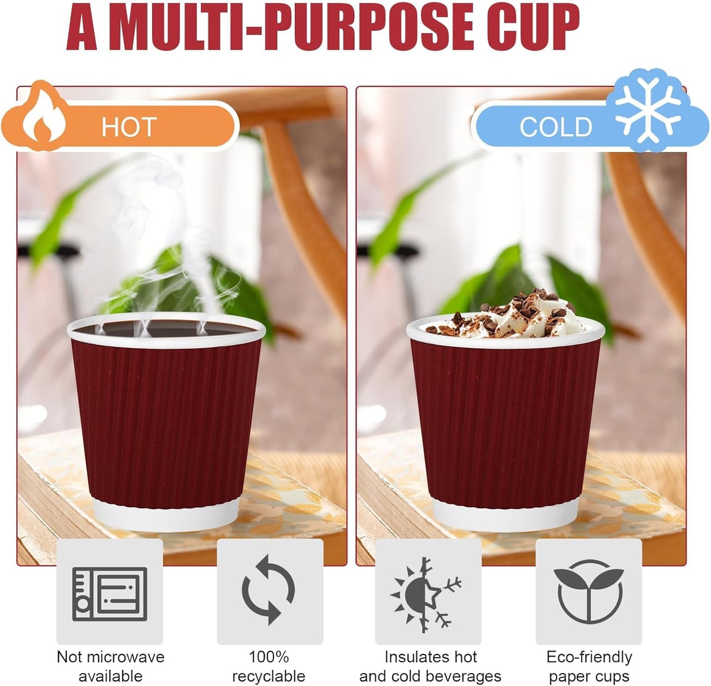 500 Pack Paper Espresso Coffee Cups, 4 oz Disposable Coffee Cups,Corrugated Insulated Ripple Wall, Paper Ripple Cup for Coffee, Hot Chocolate and Hot Tea Drinks -Red