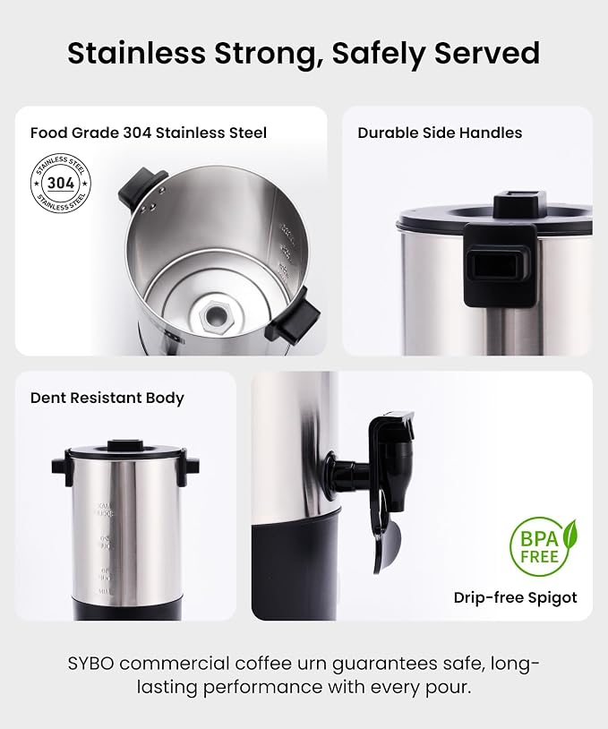 SYBO Commercial Grade Stainless Steel Percolate Coffee Maker, Hot Water Urn - Image 3
