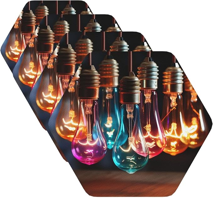 Drink Coasters with Holder A String of Colored Light Bulbs Leather Coasters by BTCOWZRV