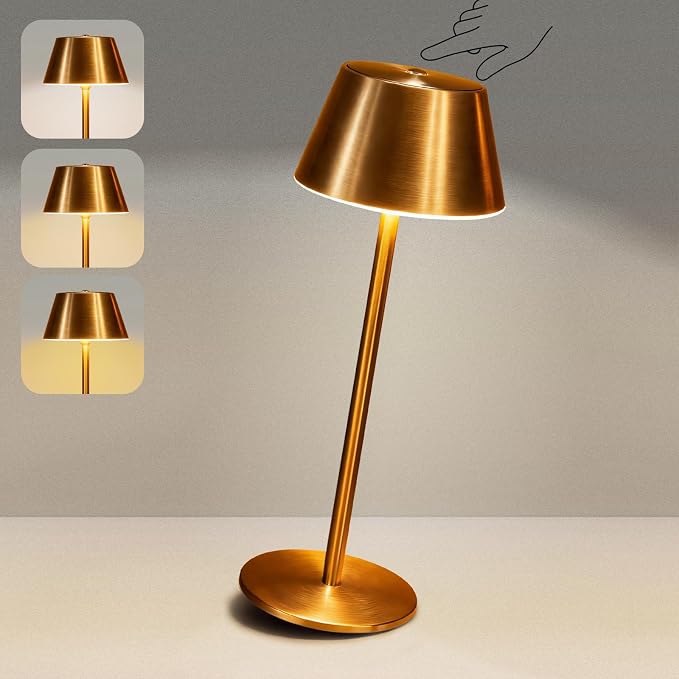 Gold Cordless Table Lamp, Premium All-Metal Brushed Wireless Rechargeable Lamp by Unknown