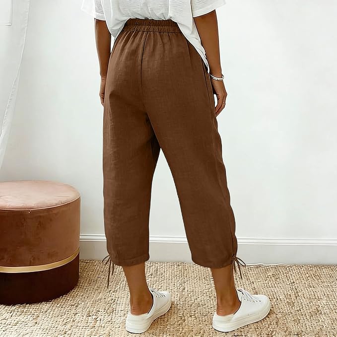 Linen Capri Pants for Women Drawstring Elastic Wide Leg Trouser 2026 Summer - Image 3