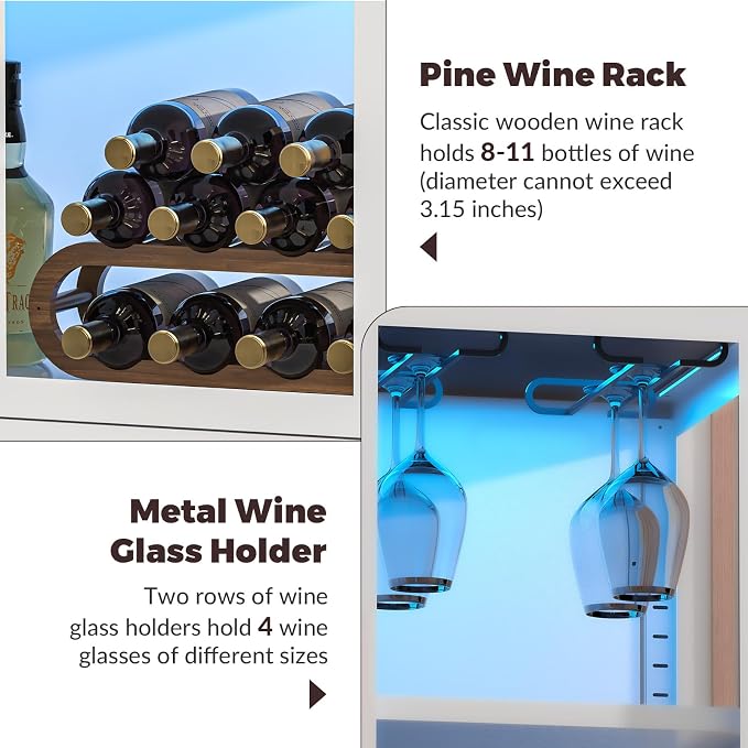 Wine Bar Cabinet with LED Lights, Metal Wood Home Coffee Bar Cabinet with Glass - Image 4