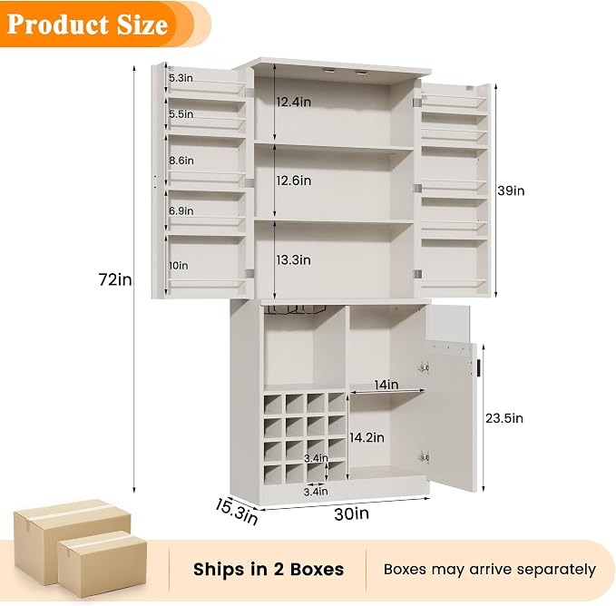 kepptory 72" Tall Kitchen Pantry Storage Cabinet, Freestanding Bar Cabinet - Image 2
