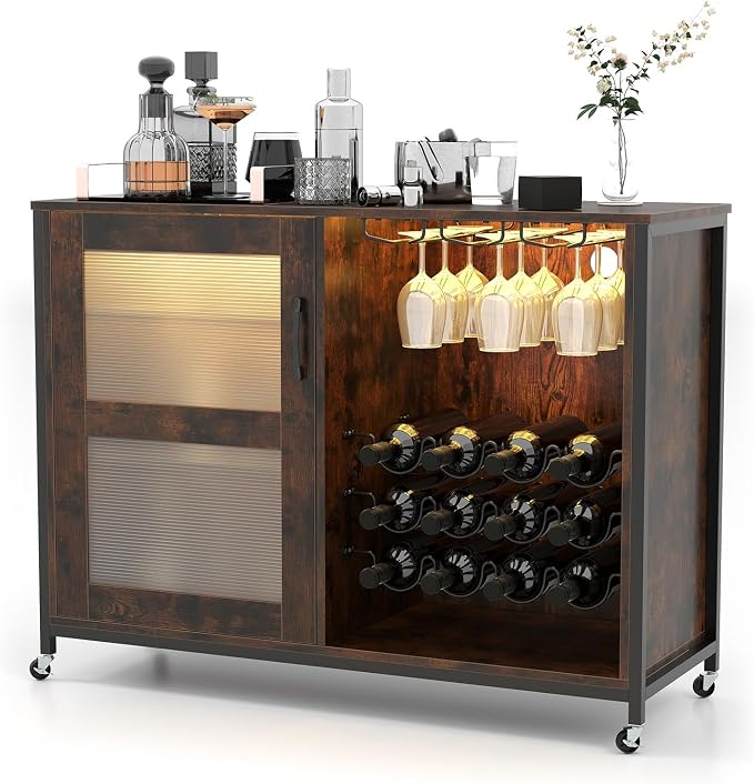 GOFLAME Wine Bar Cabinet with Wheels and LED Lights, Industrial Coffee Bar by GOFLAME