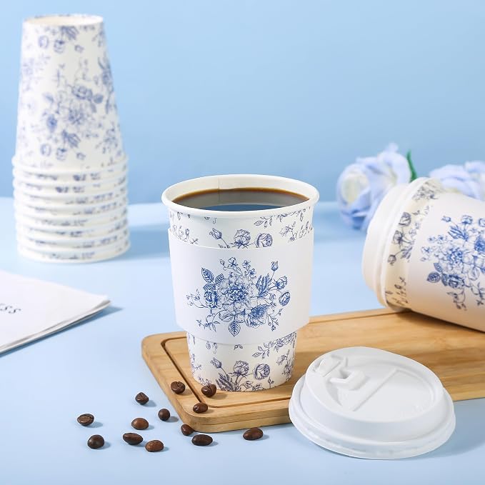 50Pcs Blue Floral Disposable Paper Coffee Cups - Image 5