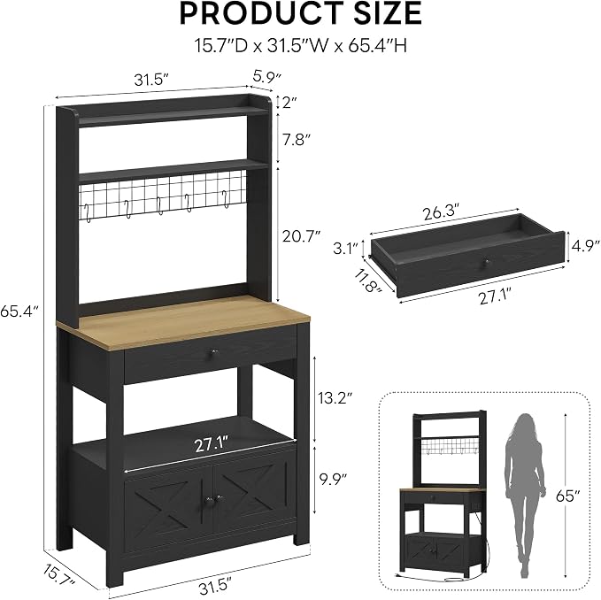 LIKIMIO Baker Rack with Spill-Safe Power Outlet & Drawer, Coffee Bar Cabinet - Image 2