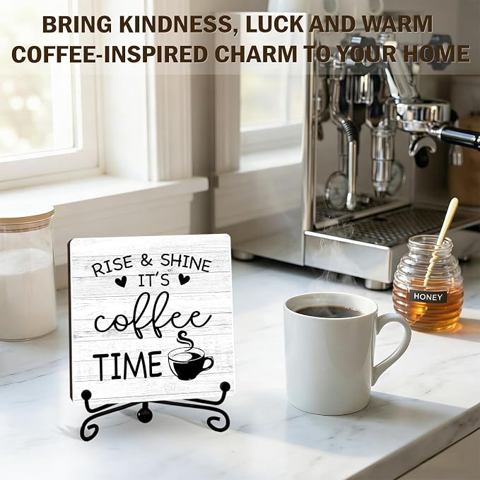 Minimalism Coffee Bar Decor, Rise & Shine It's Coffee Time Wood Plaque - Image 3