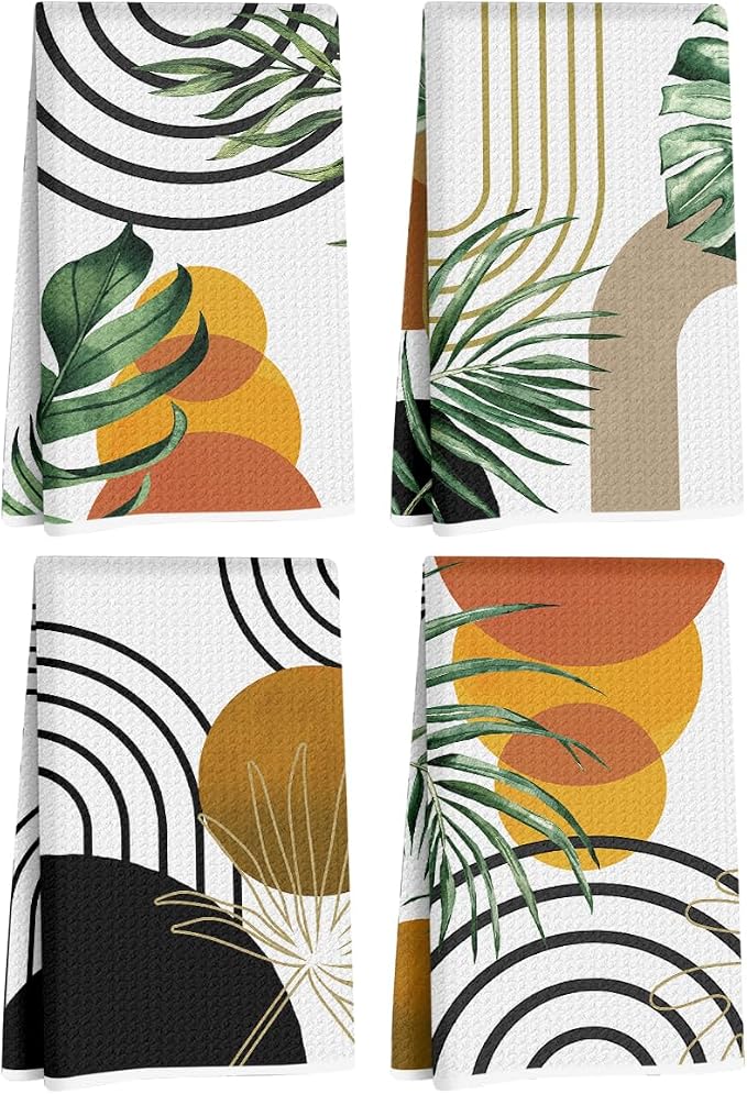 4 Pcs Boho Kitchen Towels, Abstract Tropical Tea Hand Towel, Microfiber Dish by Hanamiya+Na