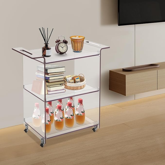 Acrylic Rolling Serving Cart, 3 Tier Clear Bar Cart, Acrylic Serving Storage - Image 5