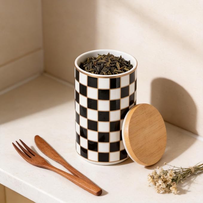 Kitchen Countertop Ceramic Checkered Canisters, Airtight Kitchen Canisters - Image 6
