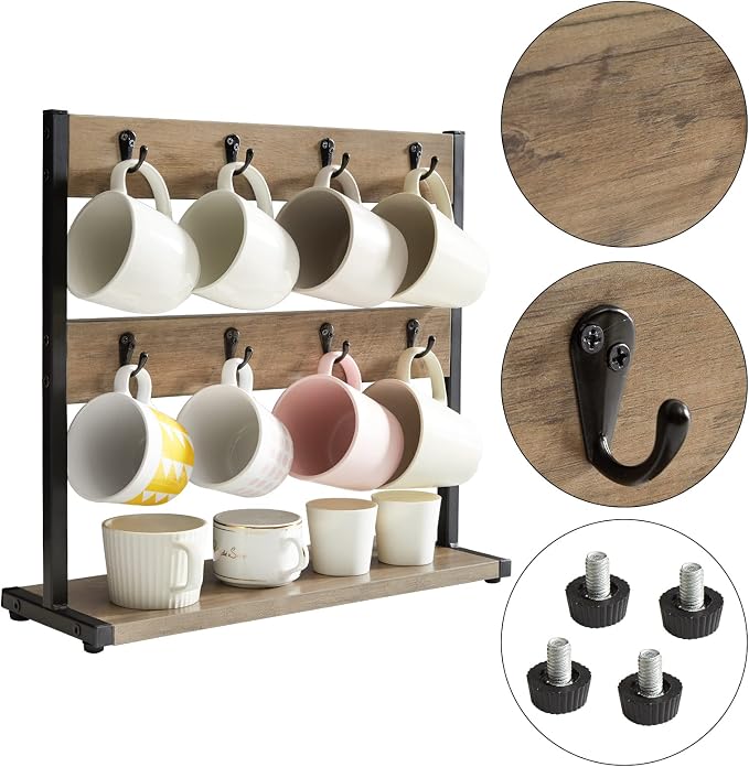 IBUYKE Wood Coffee Mug Holder for Countertop, 16 Hook Mug Tree Holder Rack - Image 4