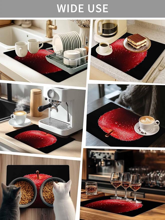 Coffee Mat 12x20in, Coffee Maker Pad Red Apples on Black Absorbent Non-slip - Image 8