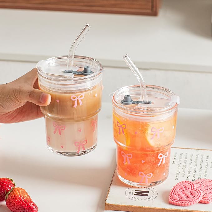 INSETLAN 13oz Bow Decal Glass Tumblers Set of 2, Thick Wall Glass Cups - Image 9