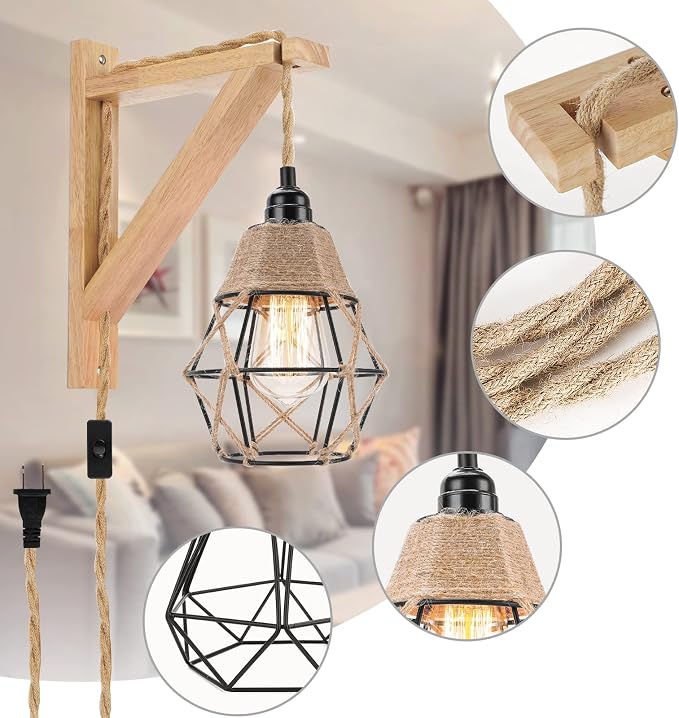 Frideko Wood Wall Sconces Set of Two Plug in, Rustic Wall Lamp - Image 8