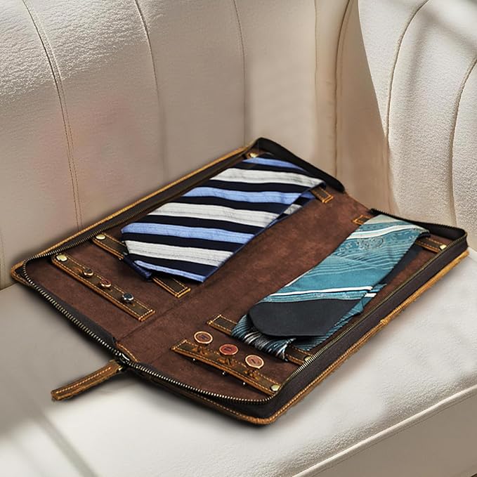 Travel Ties Case, Genuine Leather Portable Necktie Cufflinks Storage Box - Image 3