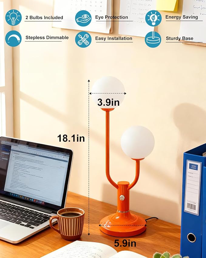 Lightdot Globe Table Lamp for Bedroom Mid Century Modern Orange Small Desk Lamp - Image 5