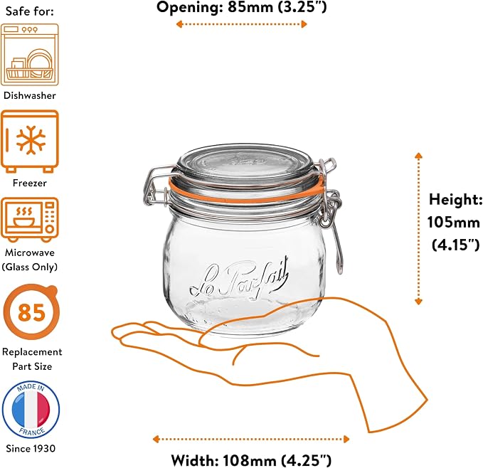 Le Parfait Super Jar 500mL French Glass Preserving Jar w/Airtight Rubber Seal & - Image 5
