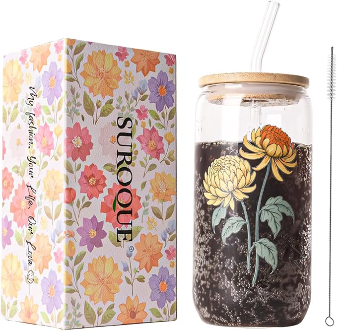 SUROQUE Birth Month Flower Iced Coffee Glass Cup 16oz Custom Tumbler Birthday by SUROQUE