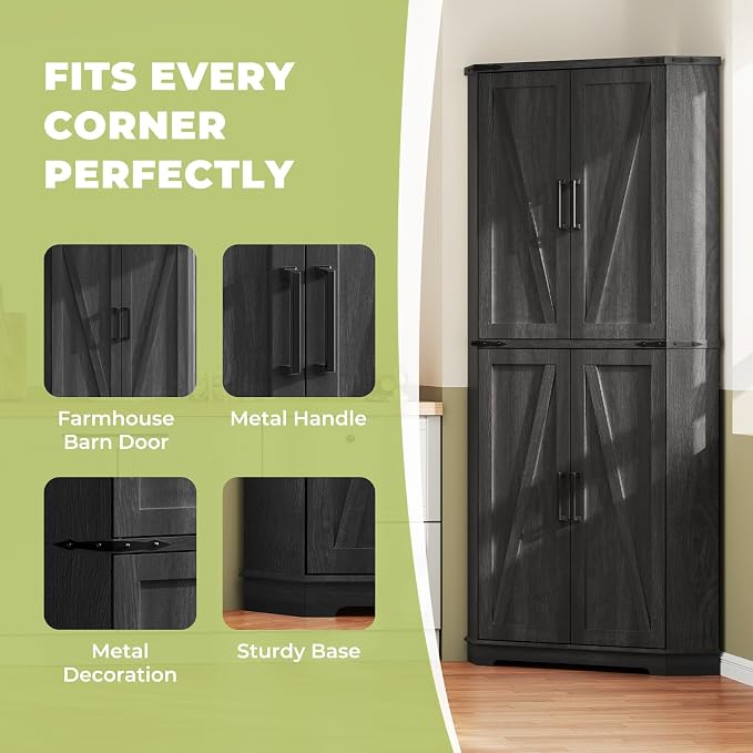 Dripex 71" Corner Cabinet Black, Farmhouse Kitchen Pantry Cabinet - Image 8