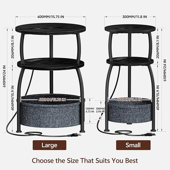 Round Side Table with Charging Station, USB Type C Port, Space Saving, Tall - Image 3