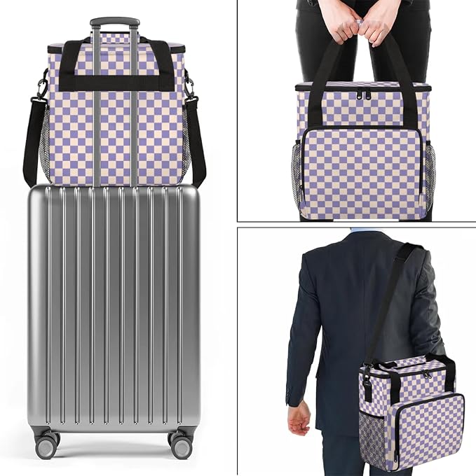 Checkerboard Purple Coffee Maker Carrying Bag, Waterproof Insulated Leakproof - Image 7