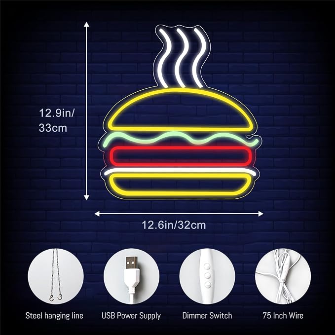 Burgers Neon Sign for Wall Decor Dimmable Hamburger Led Neon Light Business - Image 6