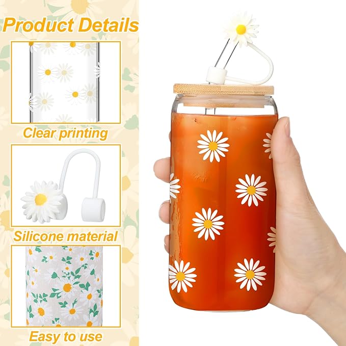 Reallnaive Daisy Gifts for Women 16 oz Flower Aesthetic Iced Coffee Cup Glass - Image 3