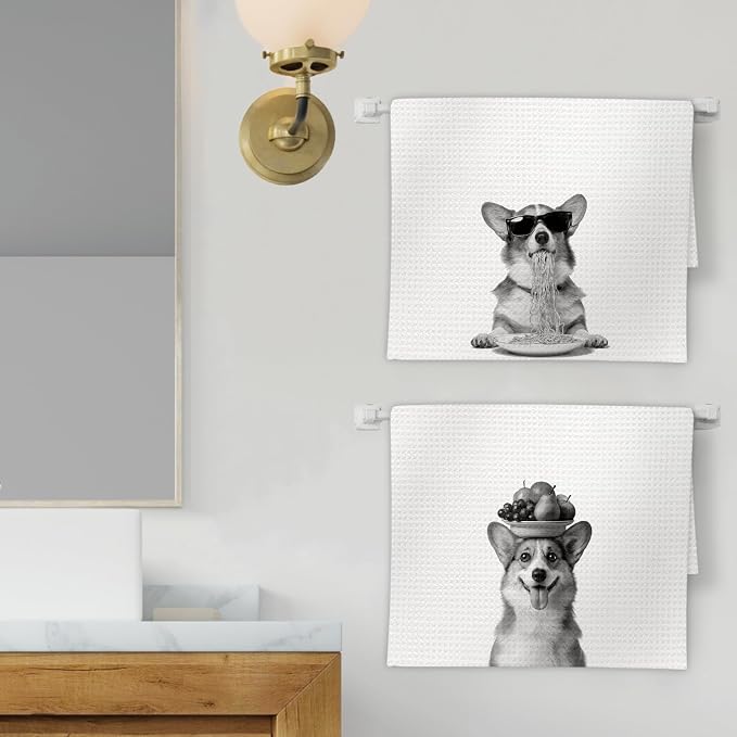 Corgi Gifts Funny Dog Kitchen Towels Set of 2, Funny Dog Eating Pasta - Image 2