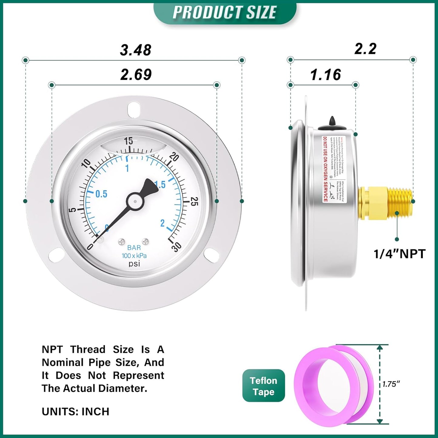 0-30PSI Panel Mount Front Flanged Glycerin Filled Pressure Gauge, 2.5" Dial Size, 1/4" MNPT Back Mount, Stainless Steel Case, with Phillips Screw and Nut, for Water, Gas, Liquid Pressure