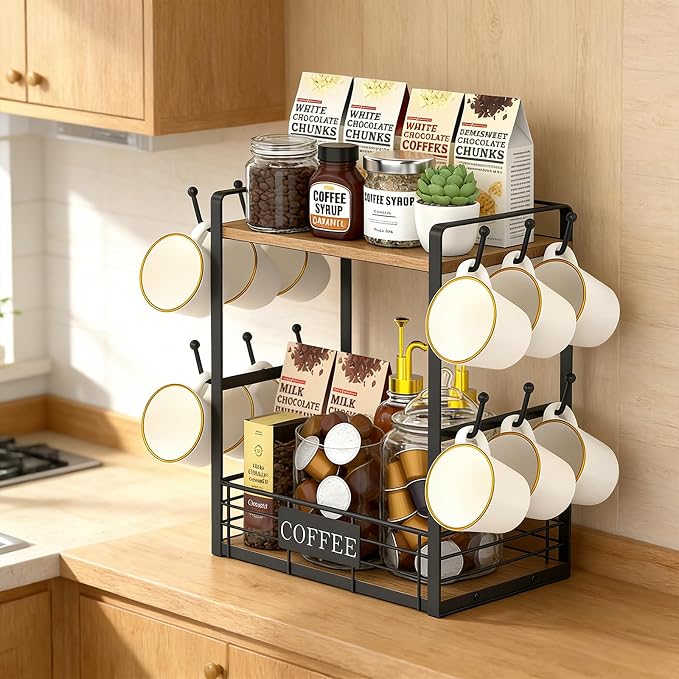 Coffee Mug Rack with 12 Hooks, 2-Tier Coffee Bar Organizer with Shelf & Storage - Image 5