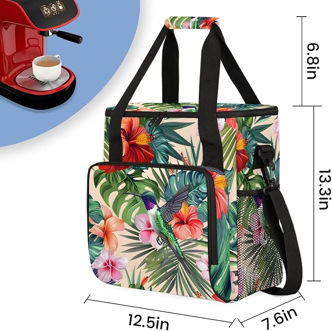Hummingbird Palm Leaf Flower Coffee Maker Carring Bag, Large Insulated Storage - Image 2