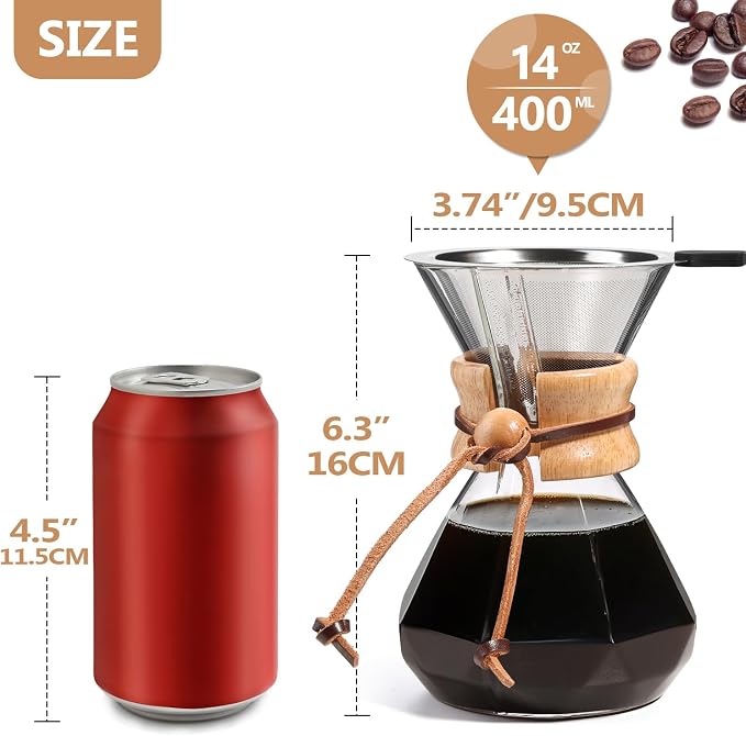 Pour Over Coffee Maker 14 OZ, 4 Cup Borosilicate Glass Drip Coffee Maker - Image 3