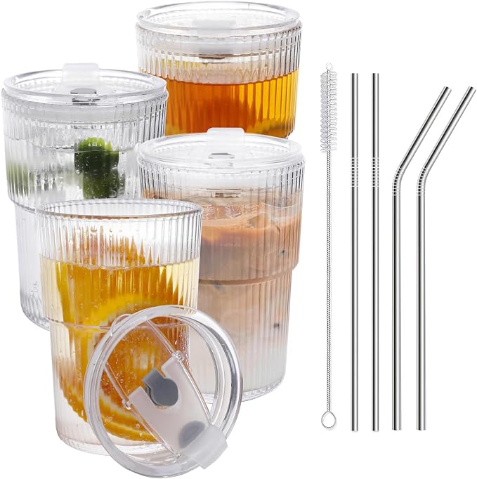 16 OZ Iced Coffee Cups with Lids and Straws Set of 4, Unbreakable Plastic by R%C3%89%CE%91LW%C3%81Y