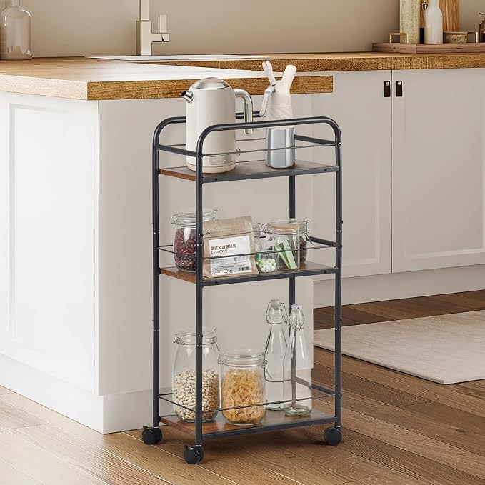 FUSLITE Small Bar Cart for Small Spaces, 3-Tier Slim Rolling Kitchen Cart on - Image 7