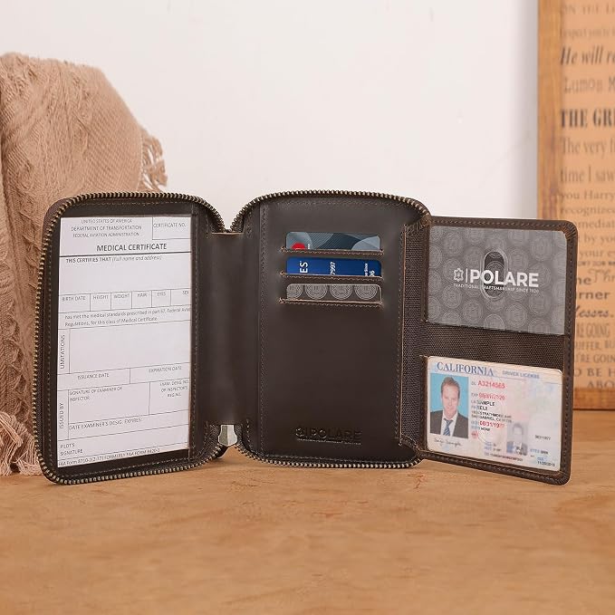 Polare Leather Pilot Wallet Passport Holder RFID Blocking Tri-fold Travel Cover - Image 6