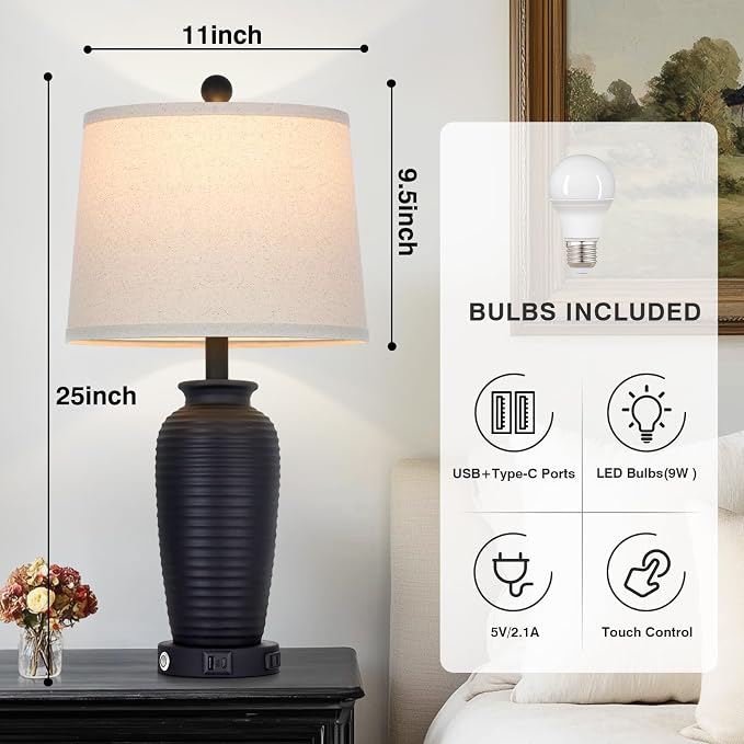 CINSARY 25" Retro Black Farmhouse Jar Table Lamps, 3 Way Touch Control Rustic - Image 5