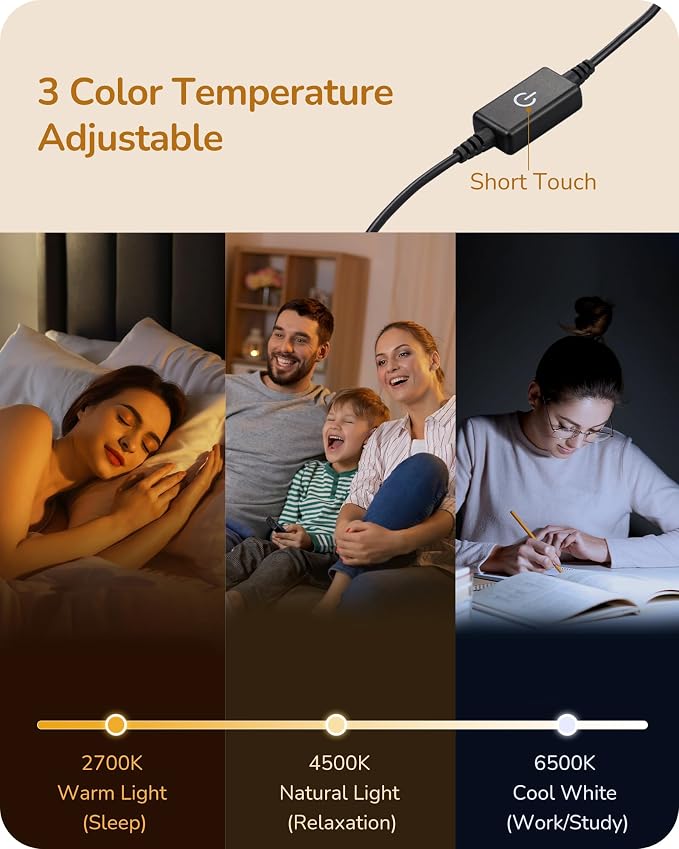 EDISHINE LED Table Lamp, Dimmable Bedside Lamp, 3 Color Temperature, Power Cord - Image 3